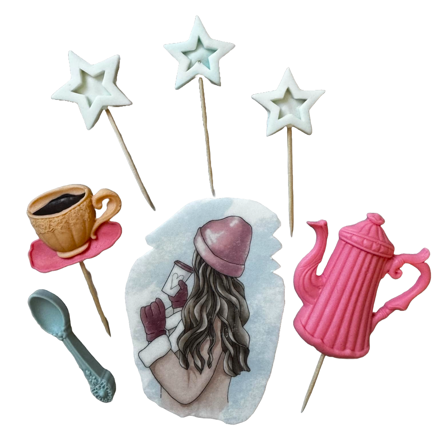 Lot de 7 décorations comestibles en pâte à sucre, Belle Dame, chapeau rose