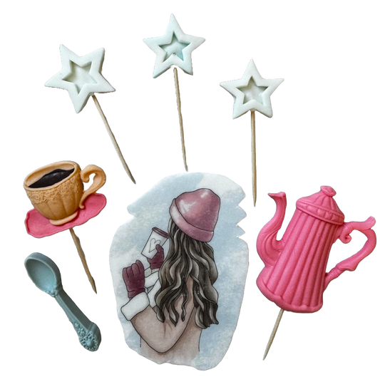 Set of 7 edible sugar paste decorations, Beautiful Lady, pink hat