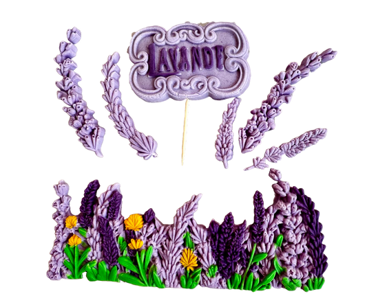 Set of 7 edible sugar paste decorations, Lavender