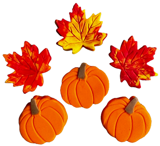 Set of 6 edible sugar paste decorations, Autumn, pumpkins and leaves