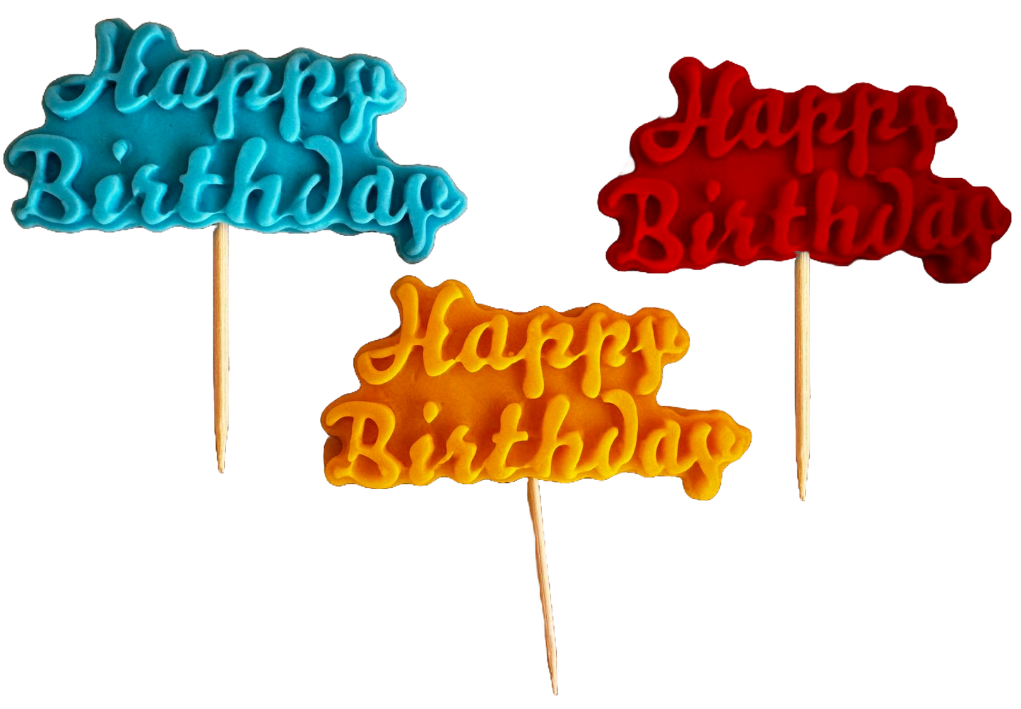 Set of 3 edible sugar paste decorations, Happy Birthday