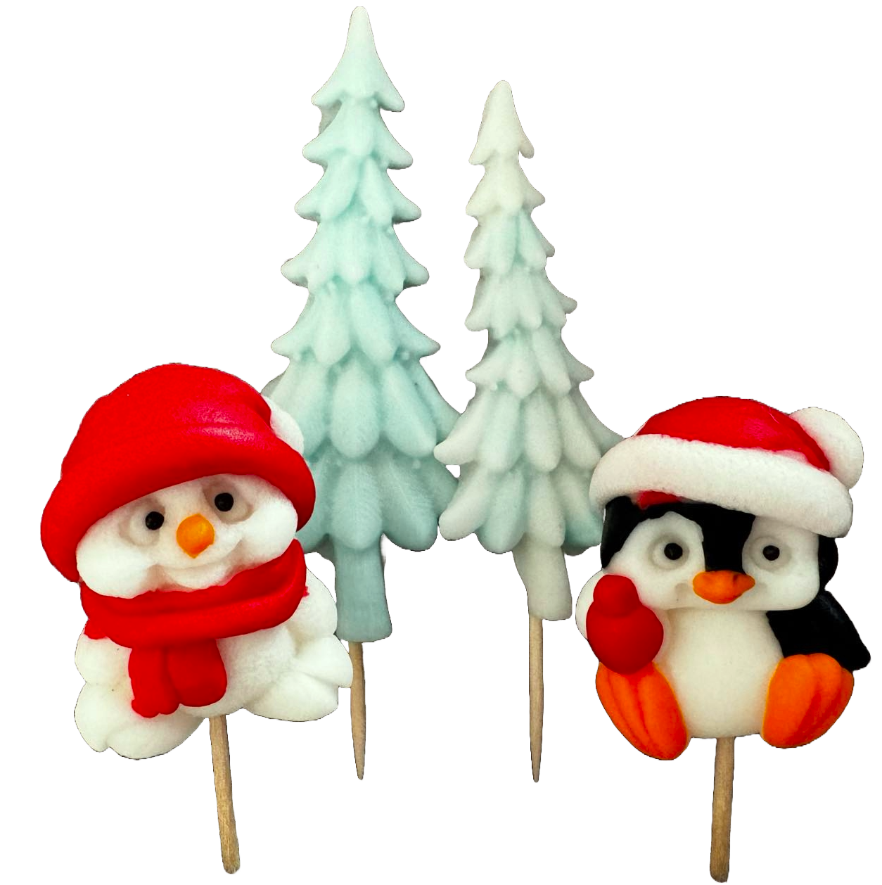 Set of 4 edible sugar paste decorations, Christmas, penguin, teddy bear and fir trees