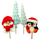 Set of 4 edible sugar paste decorations, Christmas, penguin, teddy bear and fir trees