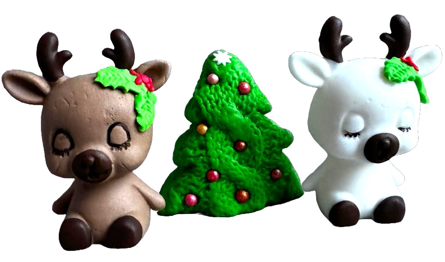 Lot de 3 décorations comestibles en pâte à sucre, Noël, sapin de Noël, renne marron et blanc