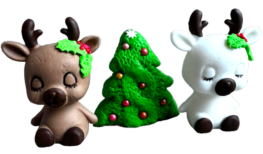 Lot de 3 décorations comestibles en pâte à sucre, Noël, sapin de Noël, renne marron et blanc