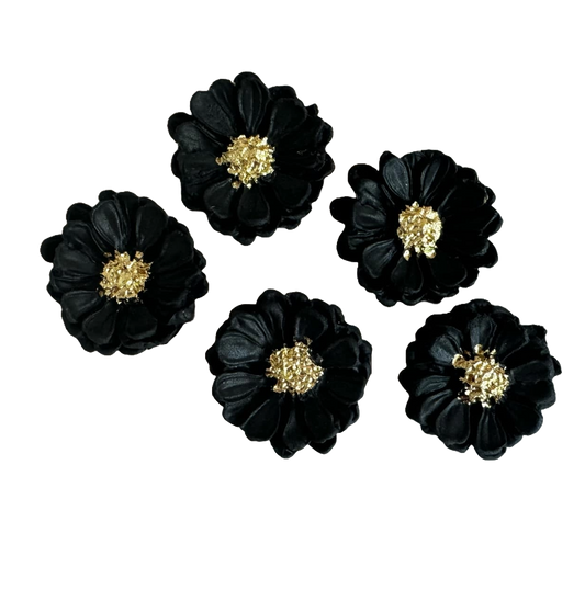 Lot de 5 décorations comestibles en pâte à sucre, Fleurs noir-doré