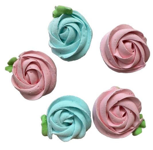 Set of 5 edible meringue decorations, Pink and blue flowers