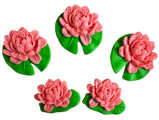 Set of 5 edible sugar paste decorations, Pink Water Lilies