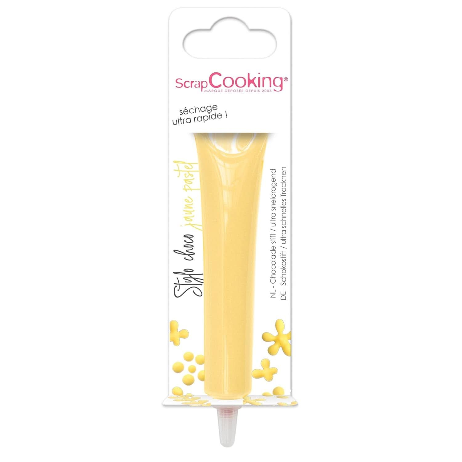 Scrapcooking - Chocolate Stick Pastel Yellow, 25 grame, stick de zahăr comestibil, scriere și desen, etichetare fondant, glazuri, prăjituri