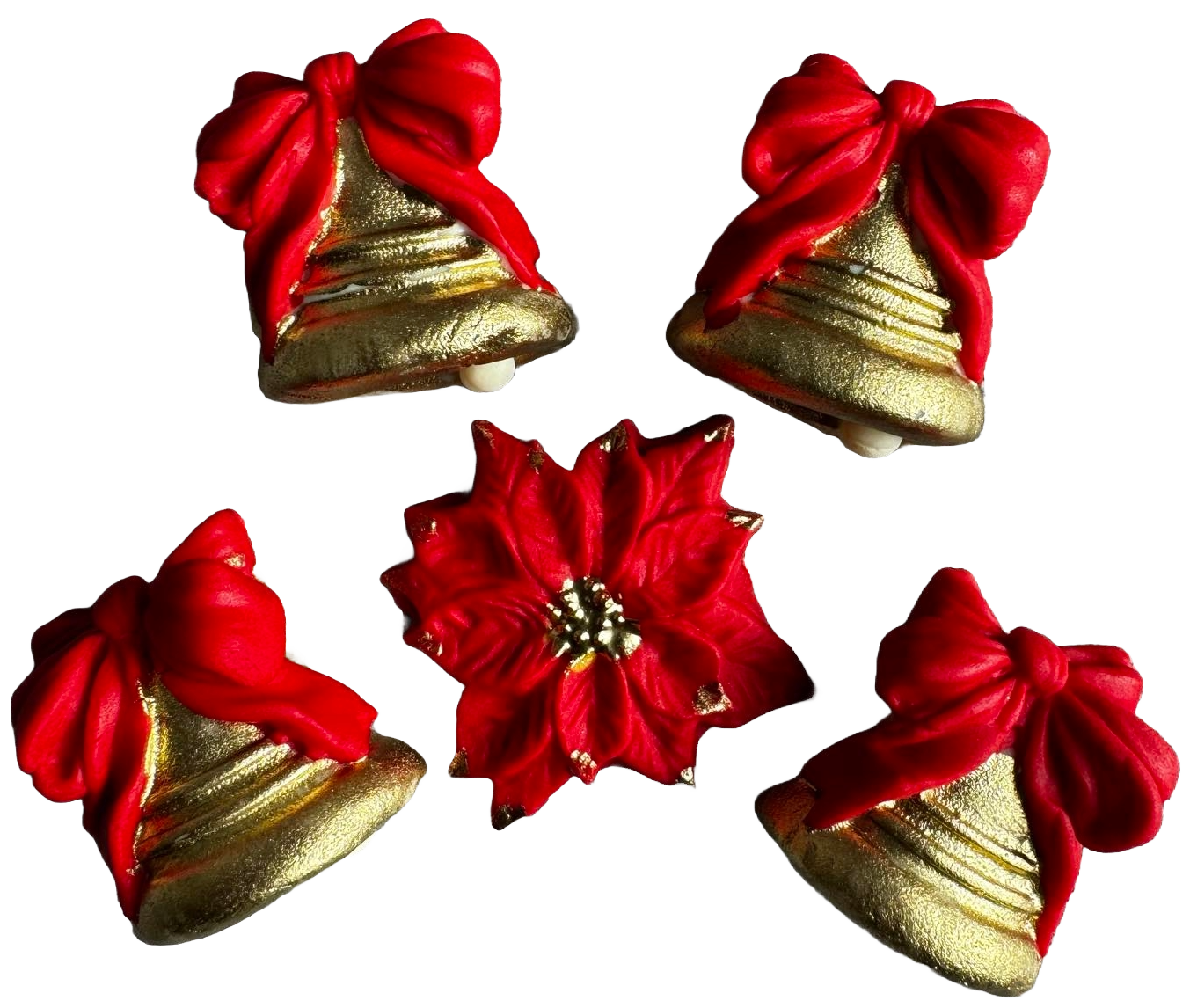 Set of 5 edible sugar paste decorations, Christmas, bells with red bows