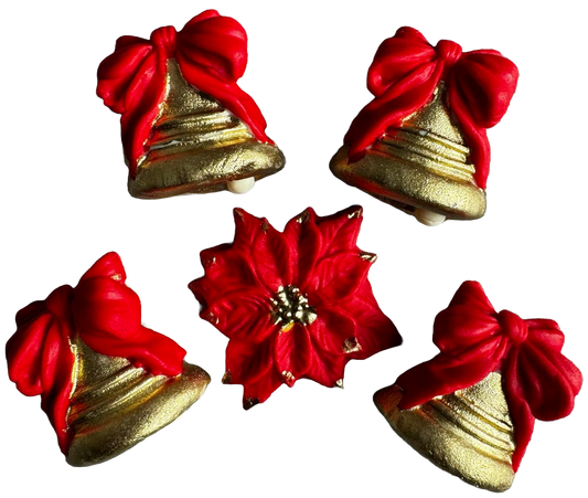 Set of 5 edible sugar paste decorations, Christmas, bells with red bows