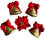 Set of 5 edible sugar paste decorations, Christmas, bells with red bows