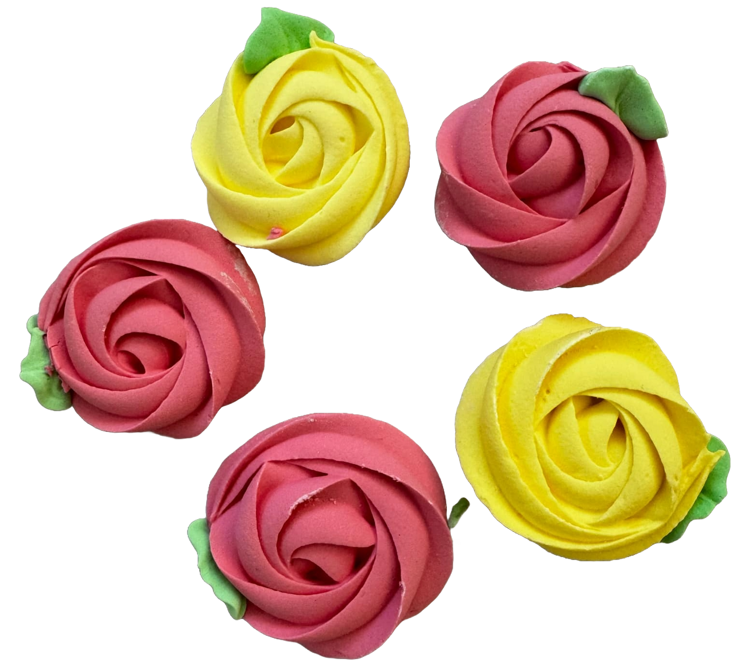 Lot de 5 décorations comestibles en meringue, fleurs roses et jaunes