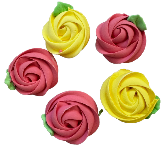 Set of 5 edible meringue decorations, Pink and yellow flowers