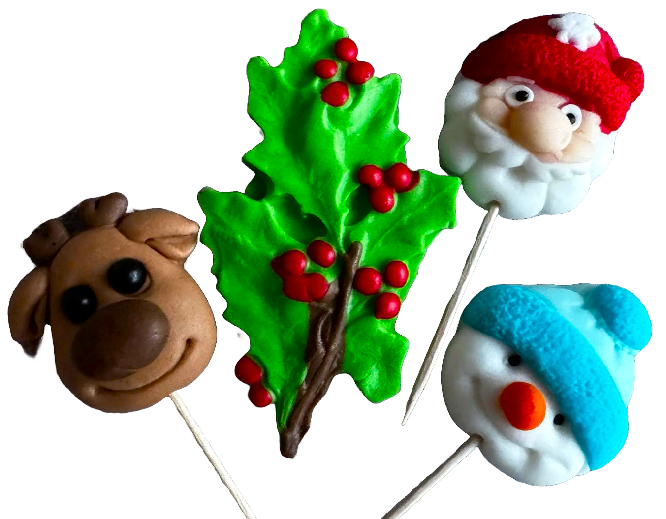 Lot de 4 décorations comestibles en pâte à sucre, toppers de Noël, renne, bonhomme de neige, sapin et père Noël