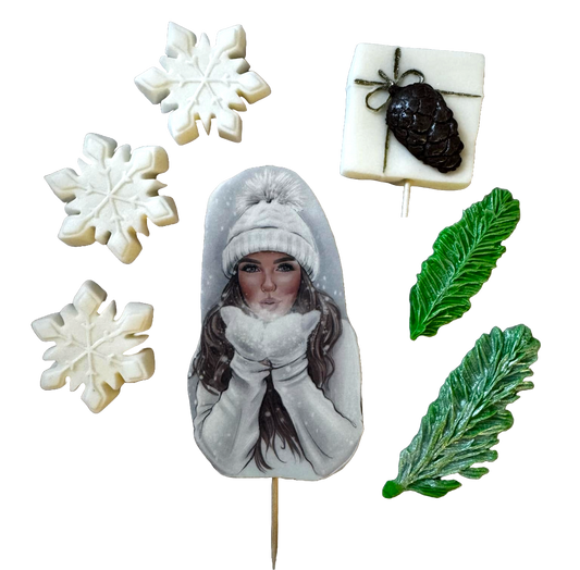 Set of 7 edible sugar paste decorations, Beautiful Lady, white hat