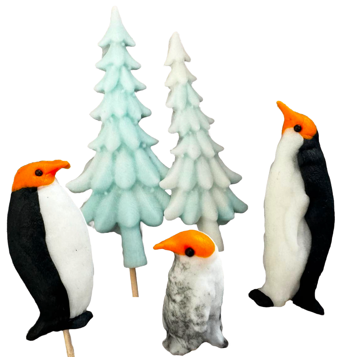 Lot de 5 décorations comestibles en pâte à sucre, Noël, pingouins et sapins de Noël