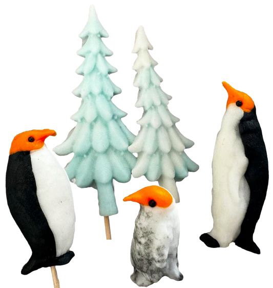 Set of 5 edible sugar paste decorations, Christmas, penguins and fir trees