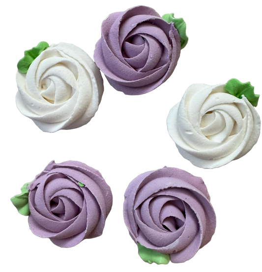 Set of 5 edible meringue decorations, Purple and white flowers