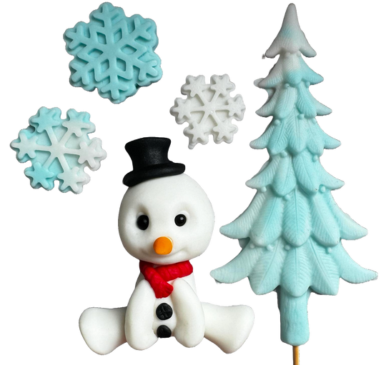 Lot de 5 décorations comestibles en pâte à sucre, Bonhomme de neige, Flocons de neige et Bradut