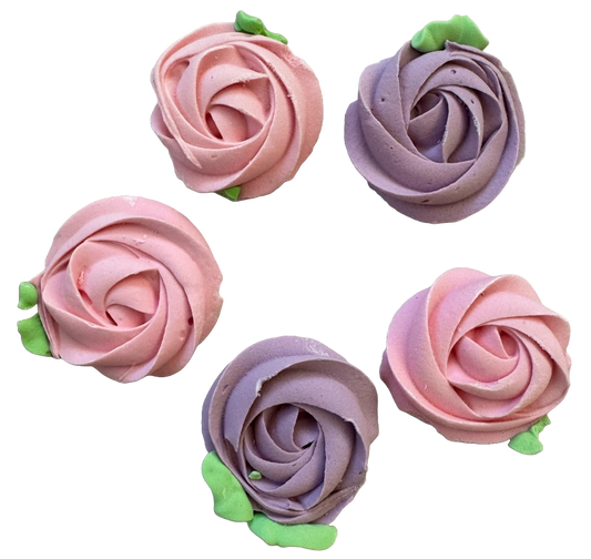 Set of 5 edible meringue decorations, Pink and purple flowers