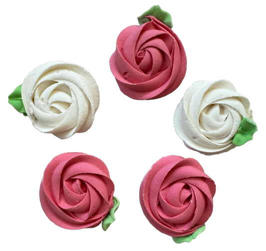 Set of 5 edible meringue decorations, Pink and white flowers