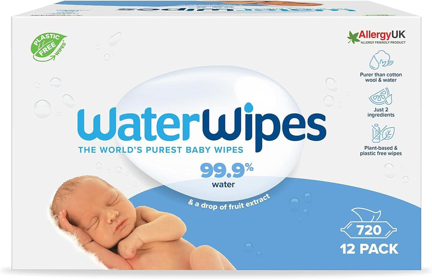 Waterwipes Plastikfreie, Originale Reinigungstücher Für Babys, 540 Stück (9 Packungen), 99,9 % Wasserbasierte Reingugnstücher, Unparfümiert Für Empfindliche Haut