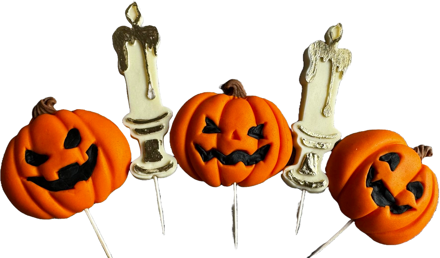 Lot de 5 décorations comestibles en pâte à sucre, Halloween, citrouilles et bougies