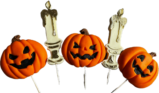 Lot de 5 décorations comestibles en pâte à sucre, Halloween, citrouilles et bougies