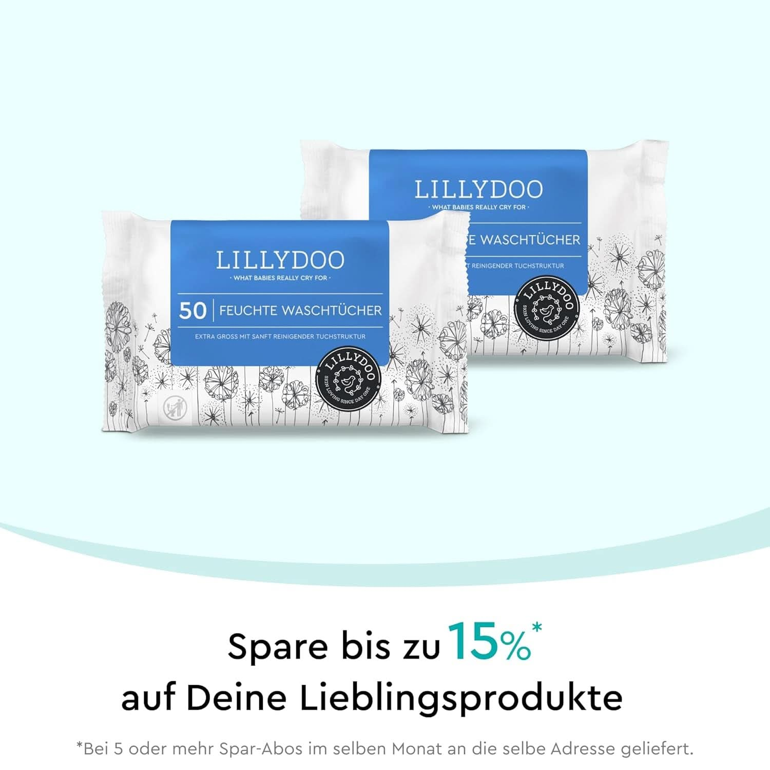 LILLYDOO Feuchte Waschtücher 350 Stück (7 X 50), 100% Plastikfrei, Extra Großes Tuch, Ohne Parfüme