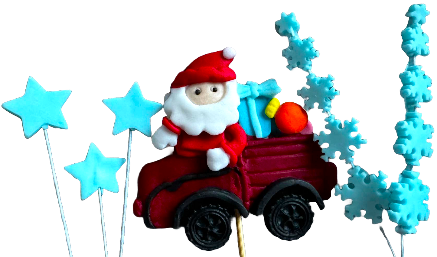 Lot de 6 décorations comestibles en pâte à sucre, Noël, voiture du Père Noël, étoiles et flocons de neige