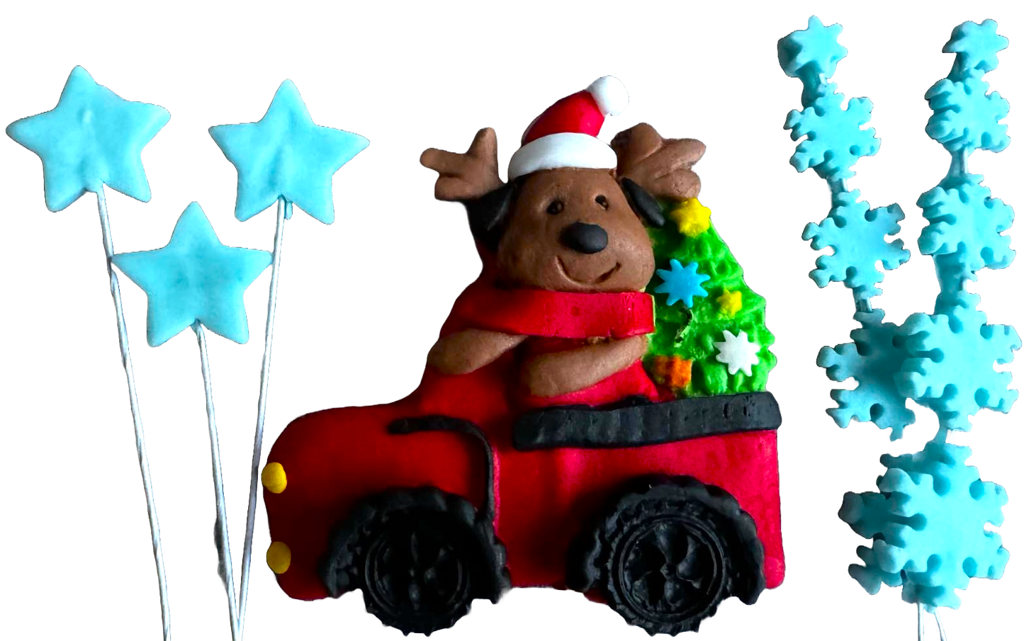 Lot de 6 décorations comestibles en pâte à sucre, Noël, voiture, nounours, étoiles et flocons de neige