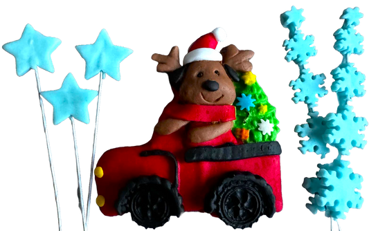 Lot de 6 décorations comestibles en pâte à sucre, Noël, voiture, nounours, étoiles et flocons de neige