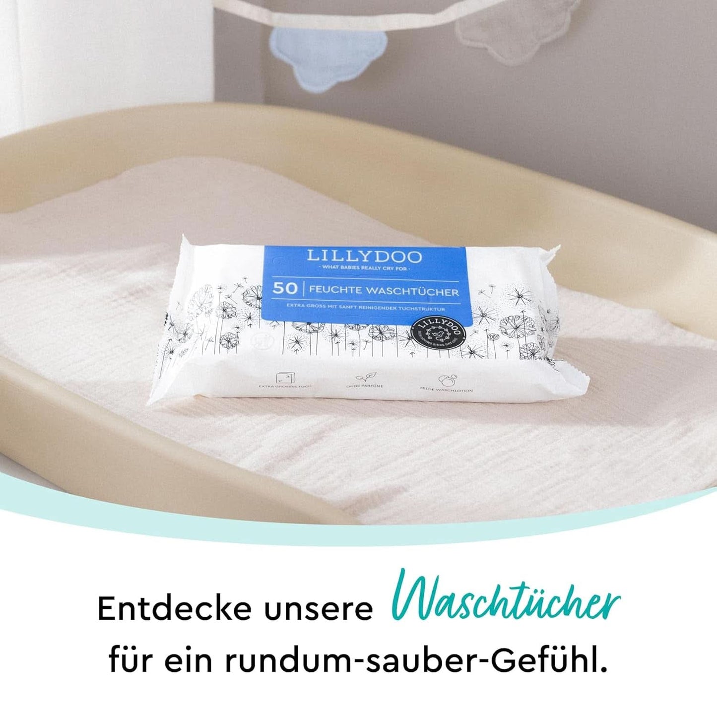 LILLYDOO Feuchte Waschtücher 350 Stück (7 X 50), 100% Plastikfrei, Extra Großes Tuch, Ohne Parfüme