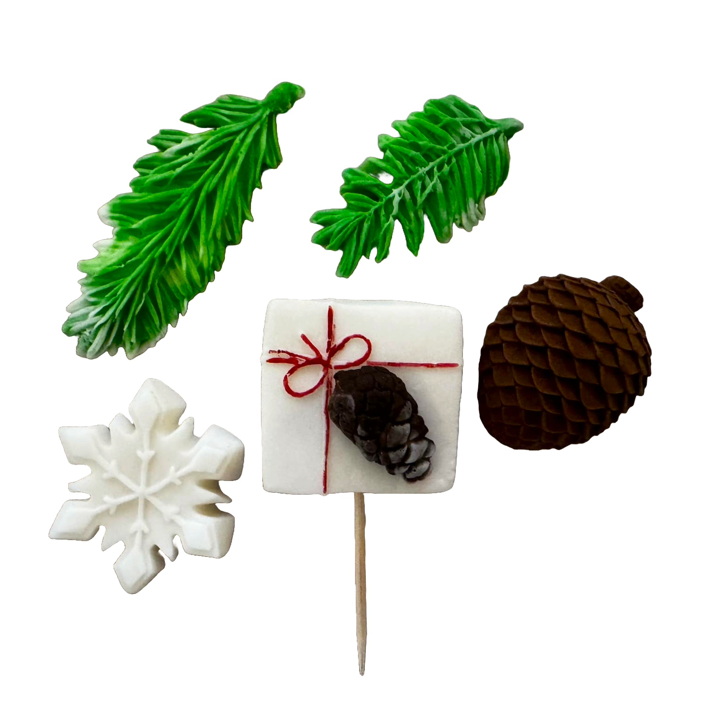 Lot de 5 décorations comestibles en pâte à sucre, Hiver, aiguilles de sapin, flocon de neige, cône