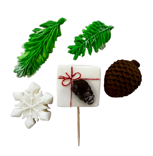 Set of 5 edible sugar paste decorations, Winter, fir needles, snowflake, cone