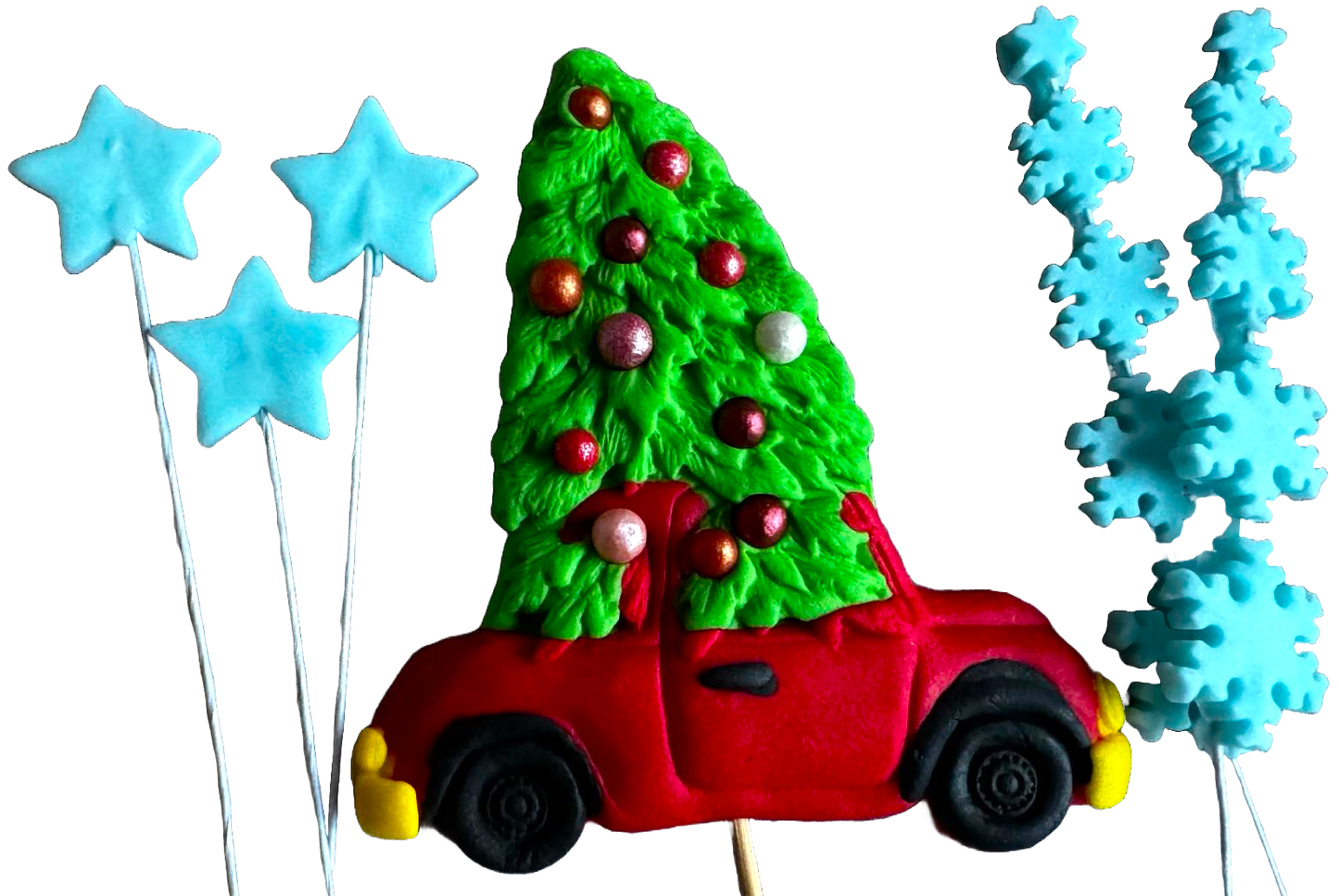 Lot de 6 décorations comestibles en pâte à sucre, Noël, voiture, sapin, étoiles et flocons de neige