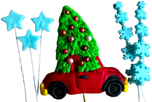 Lot de 6 décorations comestibles en pâte à sucre, Noël, voiture, sapin, étoiles et flocons de neige