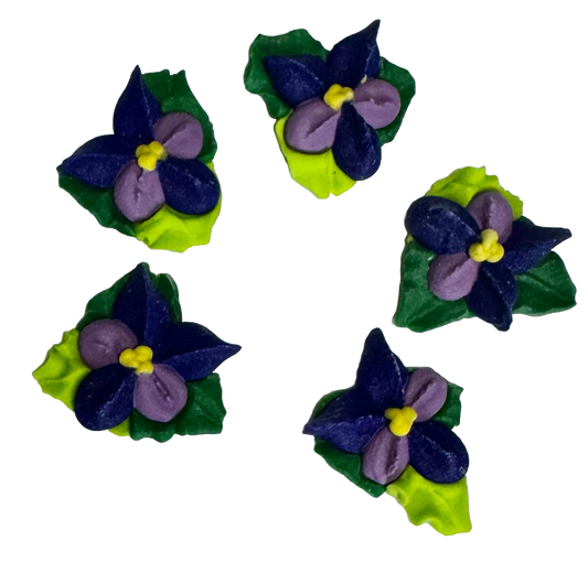 Set of 5 edible sugar paste decorations, Purple flowers