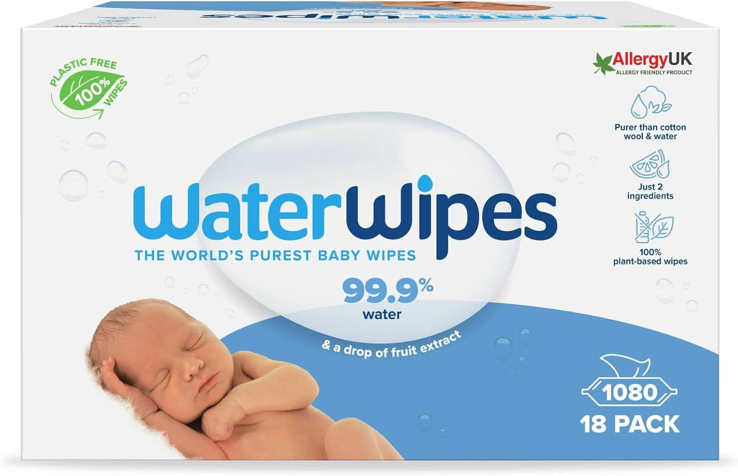 Waterwipes Plastikfreie, Originale Reinigungstücher Für Babys, 540 Stück (9 Packungen), 99,9 % Wasserbasierte Reingugnstücher, Unparfümiert Für Empfindliche Haut