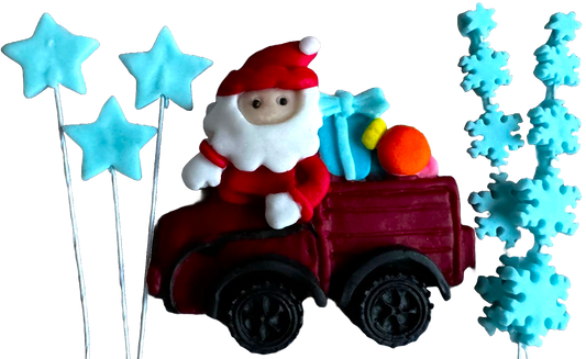 Lot de 6 décorations comestibles en pâte à sucre, Noël, voiture du Père Noël, étoiles et flocons de neige